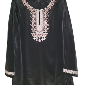 Midnight Velvet Black Embroidered Beaded Tunic Top Size L Boho Blouse